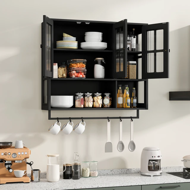 Alt view image 4 of 7 - Bathroom Wall Cabinet, 3-Door Wooden Wall Cabinet with Open and Hidden Storage Space, Medicine Cabinet with Glass Door and Towel Bar for Entryway Living Room Bathroom Dining Room,Black