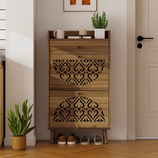 Alt view image 7 of 7 - Shoe Storage Cabinet with SemiCircular Cutout Doors, DoubleTier Removable Shoe Trays, Pine Wood Feet, AntiTip Wall Anchor, WallProtection Back Panel for Entryway Home Shoe Organizer
