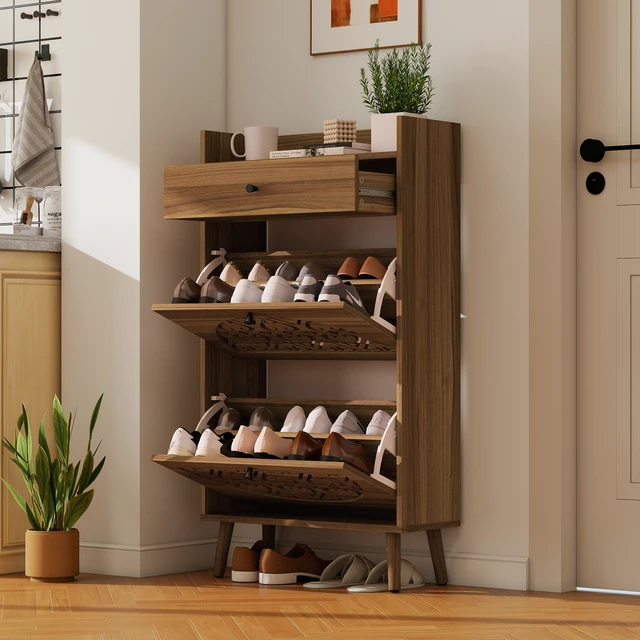 Alt view image 4 of 7 - Shoe Storage Cabinet with SemiCircular Cutout Doors, DoubleTier Removable Shoe Trays, Pine Wood Feet, AntiTip Wall Anchor, WallProtection Back Panel for Entryway Home Shoe Organizer