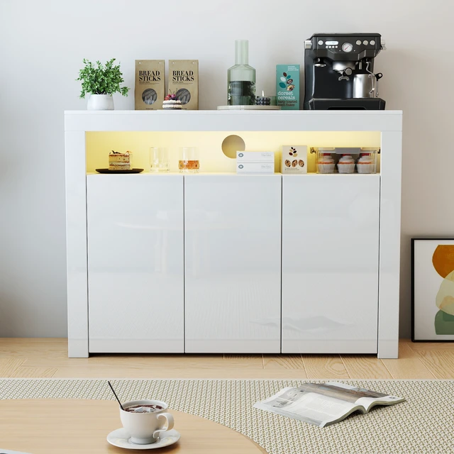 Alt view image 2 of 7 - Living Room Sideboard Storage Cabinet WHITE High Gloss with LED Light, Modern Kitchen Unit Cupboard Buffet Wooden Storage Display Cabinet TV Stand with 3 Doors for Hallway Dining Room