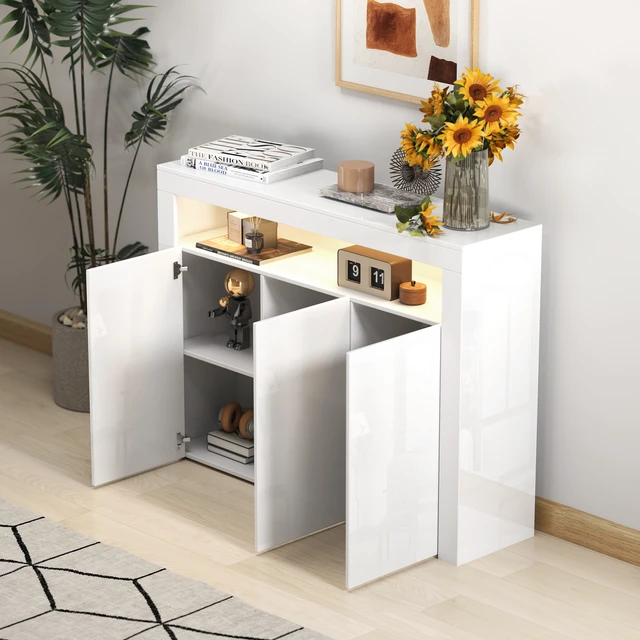 Alt view image 5 of 7 - Living Room Sideboard Storage Cabinet WHITE High Gloss with LED Light, Modern Kitchen Unit Cupboard Buffet Wooden Storage Display Cabinet TV Stand with 3 Doors for Hallway Dining Room