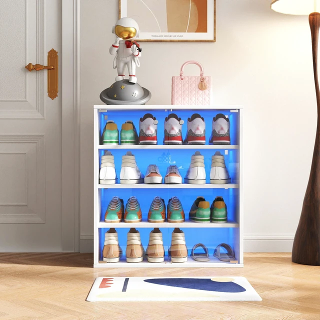 Main image of Shoe Box with RGB LED Light, Wooden Stackable Shoe Storage Box with Glass Door, Shoe Storage Bin Shoe Display Case for Sneakers (4 Tier-1)