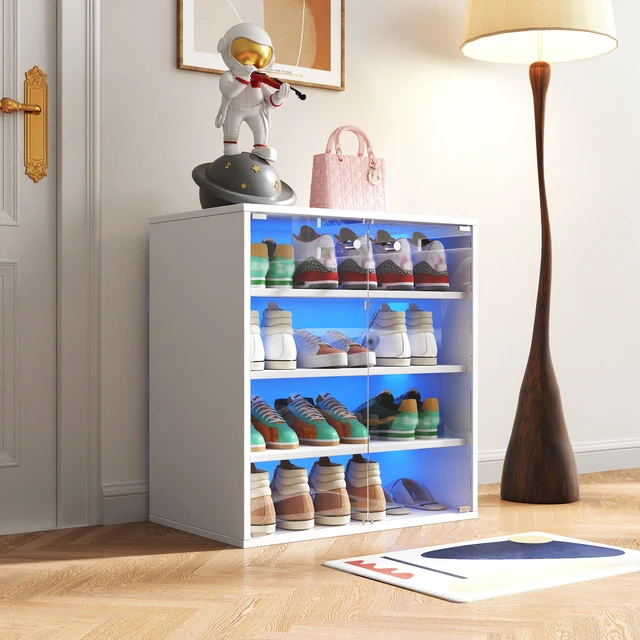 Alt view image 2 of 7 - Shoe Box with RGB LED Light, Wooden Stackable Shoe Storage Box with Glass Door, Shoe Storage Bin Shoe Display Case for Sneakers (4 Tier-1)