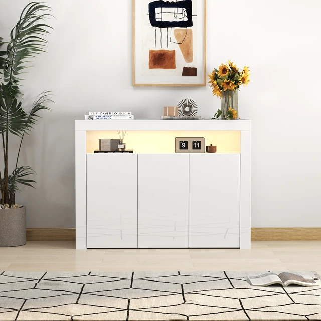 Alt view image 6 of 7 - Living Room Sideboard Storage Cabinet WHITE High Gloss with LED Light, Modern Kitchen Unit Cupboard Buffet Wooden Storage Display Cabinet TV Stand with 3 Doors for Hallway Dining Room