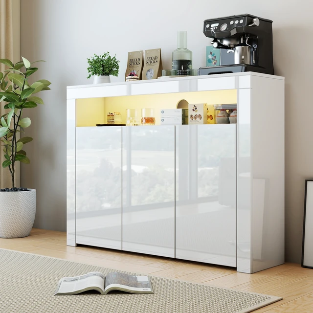 Alt view image 3 of 7 - Living Room Sideboard Storage Cabinet WHITE High Gloss with LED Light, Modern Kitchen Unit Cupboard Buffet Wooden Storage Display Cabinet TV Stand with 3 Doors for Hallway Dining Room