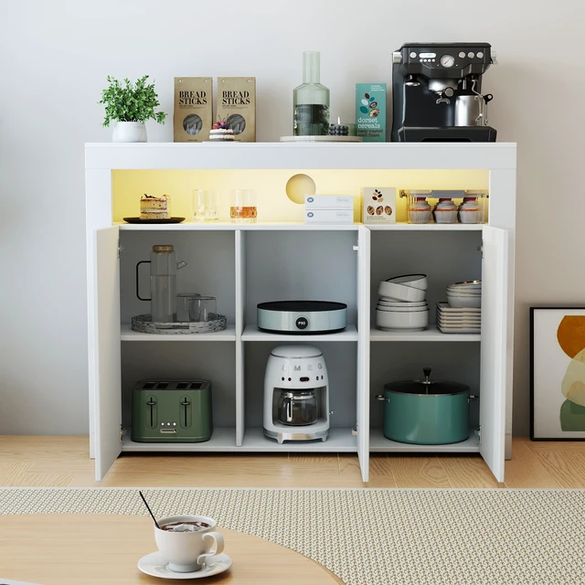 Alt view image 4 of 7 - Living Room Sideboard Storage Cabinet WHITE High Gloss with LED Light, Modern Kitchen Unit Cupboard Buffet Wooden Storage Display Cabinet TV Stand with 3 Doors for Hallway Dining Room