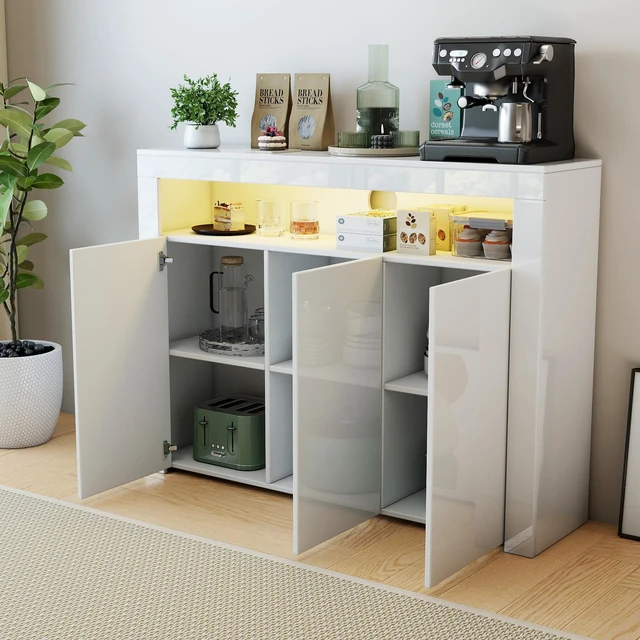 Main image of Living Room Sideboard Storage Cabinet WHITE High Gloss with LED Light, Modern Kitchen Unit Cupboard Buffet Wooden Storage Display Cabinet TV Stand with 3 Doors for Hallway Dining Room