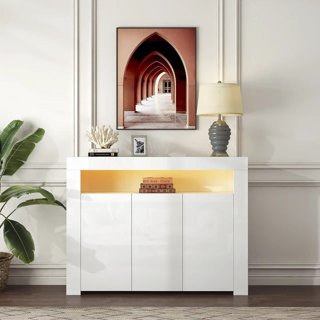 Alt view image 7 of 7 - Living Room Sideboard Storage Cabinet WHITE High Gloss with LED Light, Modern Kitchen Unit Cupboard Buffet Wooden Storage Display Cabinet TV Stand with 3 Doors for Hallway Dining Room