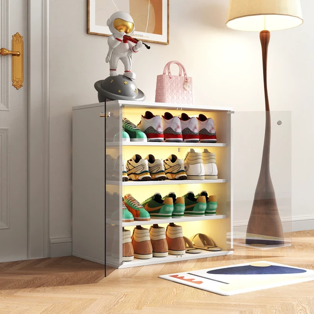 Alt view image 3 of 7 - Shoe Box with RGB LED Light, Wooden Stackable Shoe Storage Box with Glass Door, Shoe Storage Bin Shoe Display Case for Sneakers (4 Tier-1)