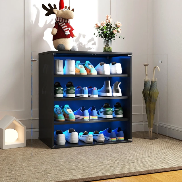 Alt view image 3 of 7 - Shoe Box with RGB LED Light, Wooden Stackable Shoe Storage Box with Glass Door, Shoe Storage Bin Shoe Display Case for Sneakers (4 Tier-1)