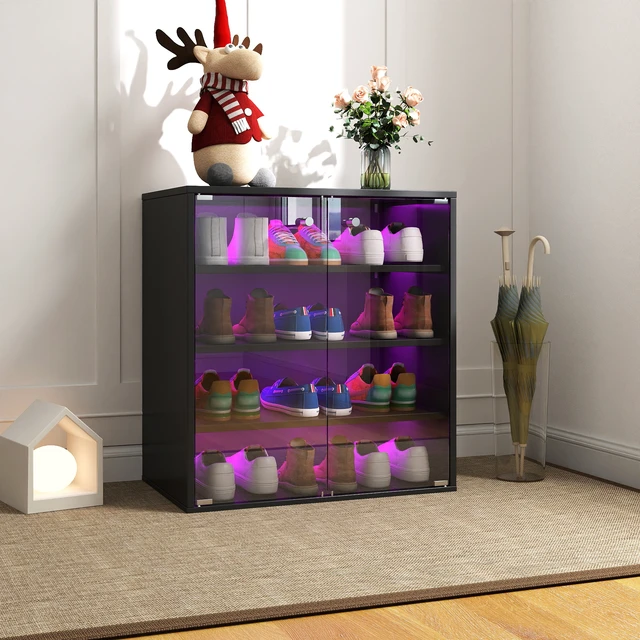 Alt view image 2 of 7 - Shoe Box with RGB LED Light, Wooden Stackable Shoe Storage Box with Glass Door, Shoe Storage Bin Shoe Display Case for Sneakers (4 Tier-1)