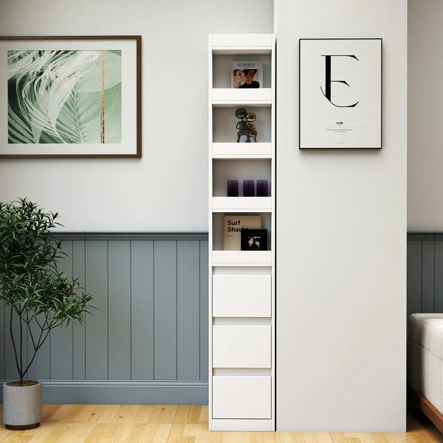 Alt view image 3 of 7 - 70.87" H Display Storage Cabinet , 4-Tier Shelf, 3 Side Drawers & 4 small display shelves , Modern Wooden Tall Bookshelf Bookcase for Living Room Home Office