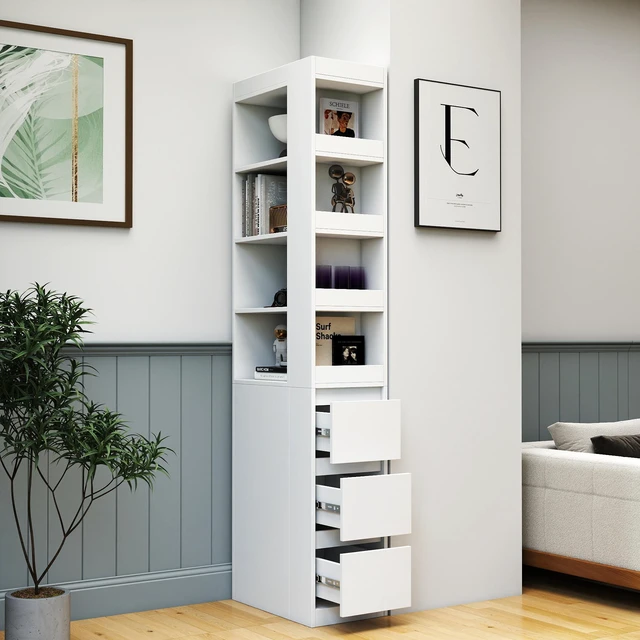 Main image of 70.87" H Display Storage Cabinet , 4-Tier Shelf, 3 Side Drawers & 4 small display shelves , Modern Wooden Tall Bookshelf Bookcase for Living Room Home Office