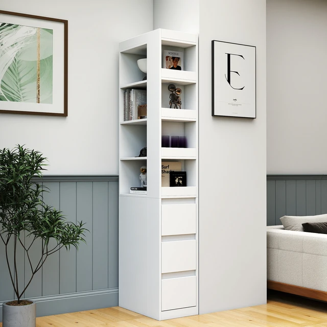 Alt view image 2 of 7 - 70.87" H Display Storage Cabinet , 4-Tier Shelf, 3 Side Drawers & 4 small display shelves , Modern Wooden Tall Bookshelf Bookcase for Living Room Home Office