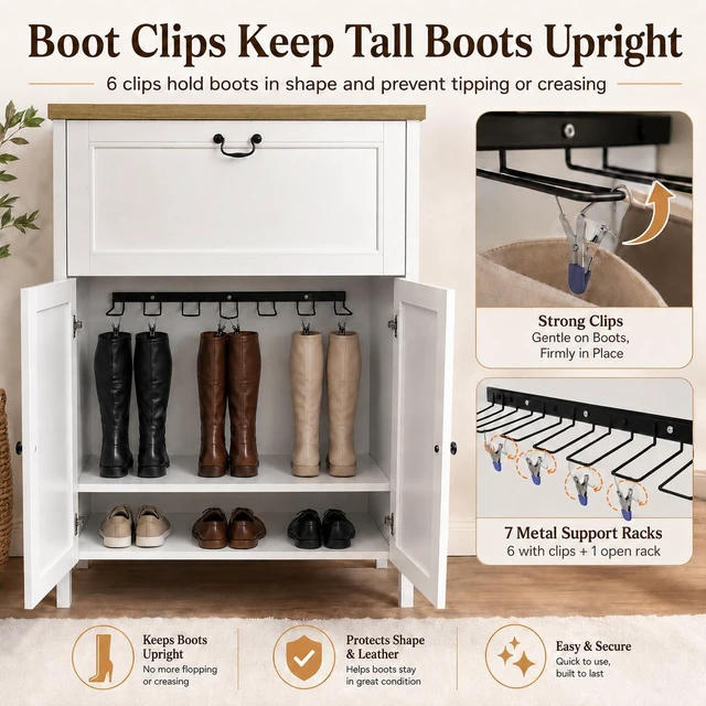 Alt view image 3 of 7 - Shoe Cabinet with Flip Drawer, Boot Rack and 6 Boot Clips, Narrow Entryway Shoe Cabinet with Adjustable Shelf, Freestanding Shoe Organizer Cabinet for Entryway, Foyer, 31.5"W x 15.7"D x 45.3"H-White