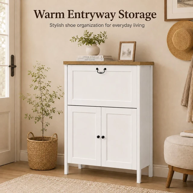 Alt view image 2 of 7 - Shoe Cabinet with Flip Drawer, Boot Rack and 6 Boot Clips, Narrow Entryway Shoe Cabinet with Adjustable Shelf, Freestanding Shoe Organizer Cabinet for Entryway, Foyer, 31.5"W x 15.7"D x 45.3"H-White