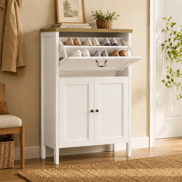 Main image of Shoe Cabinet with Flip Drawer, Boot Rack and 6 Boot Clips, Narrow Entryway Shoe Cabinet with Adjustable Shelf, Freestanding Shoe Organizer Cabinet for Entryway, Foyer, 31.5"W x 15.7"D x 45.3"H-White