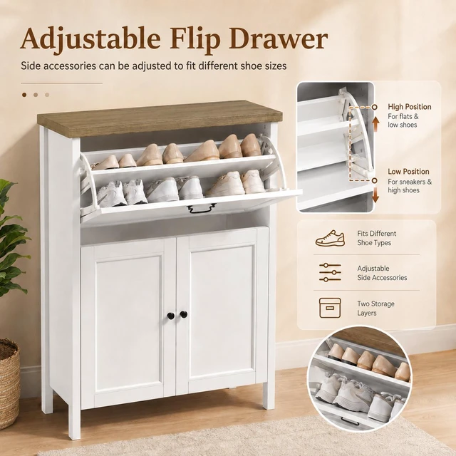 Alt view image 5 of 7 - Shoe Cabinet with Flip Drawer, Boot Rack and 6 Boot Clips, Narrow Entryway Shoe Cabinet with Adjustable Shelf, Freestanding Shoe Organizer Cabinet for Entryway, Foyer, 31.5"W x 15.7"D x 45.3"H-White