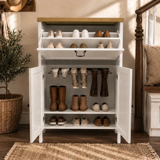 Alt view image 4 of 7 - Shoe Cabinet with Flip Drawer, Boot Rack and 6 Boot Clips, Narrow Entryway Shoe Cabinet with Adjustable Shelf, Freestanding Shoe Organizer Cabinet for Entryway, Foyer, 31.5"W x 15.7"D x 45.3"H-White