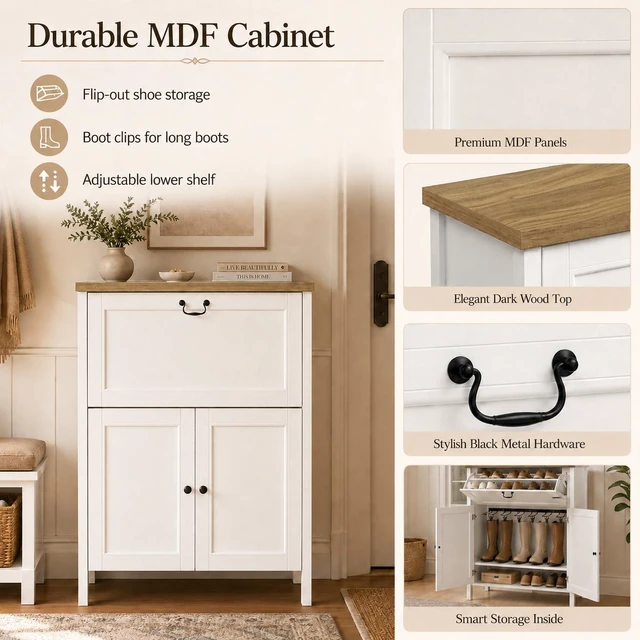 Alt view image 7 of 7 - Shoe Cabinet with Flip Drawer, Boot Rack and 6 Boot Clips, Narrow Entryway Shoe Cabinet with Adjustable Shelf, Freestanding Shoe Organizer Cabinet for Entryway, Foyer, 31.5"W x 15.7"D x 45.3"H-White
