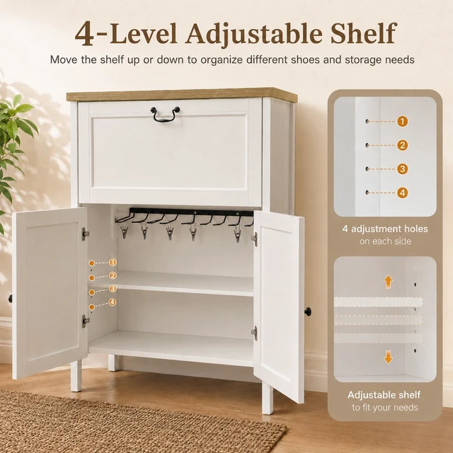 Alt view image 6 of 7 - Shoe Cabinet with Flip Drawer, Boot Rack and 6 Boot Clips, Narrow Entryway Shoe Cabinet with Adjustable Shelf, Freestanding Shoe Organizer Cabinet for Entryway, Foyer, 31.5"W x 15.7"D x 45.3"H-White