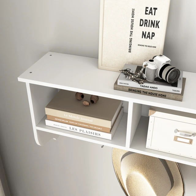 Alt view image 4 of 7 - White Entryway Wall Mounted Coat Rack with 4 Dual Hooks Living Room Wooden Storage Shelf