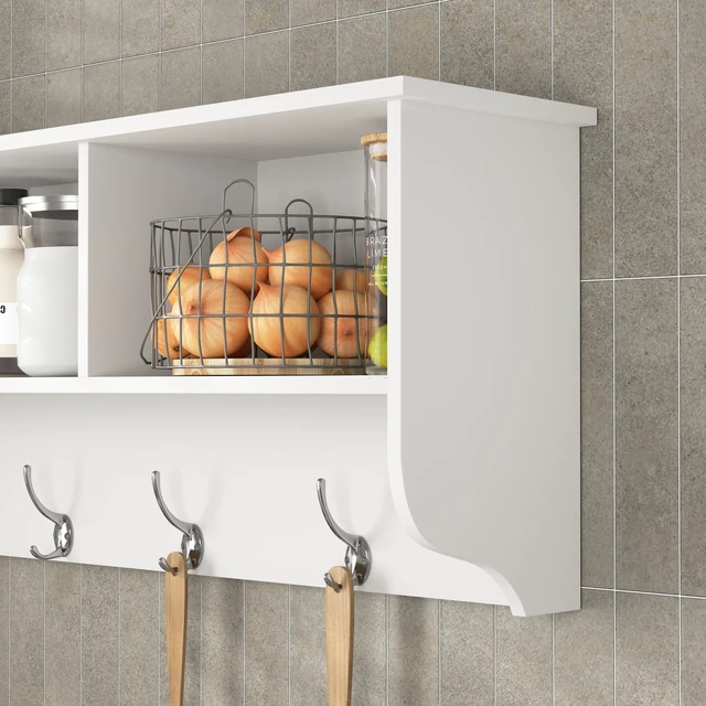 Alt view image 5 of 7 - White Entryway Wall Mounted Coat Rack with 4 Dual Hooks Living Room Wooden Storage Shelf