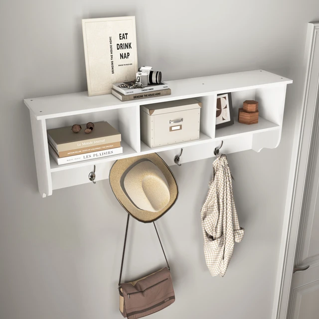 Alt view image 3 of 7 - White Entryway Wall Mounted Coat Rack with 4 Dual Hooks Living Room Wooden Storage Shelf