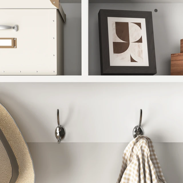 Alt view image 6 of 7 - White Entryway Wall Mounted Coat Rack with 4 Dual Hooks Living Room Wooden Storage Shelf