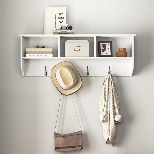 Main image of White Entryway Wall Mounted Coat Rack with 4 Dual Hooks Living Room Wooden Storage Shelf