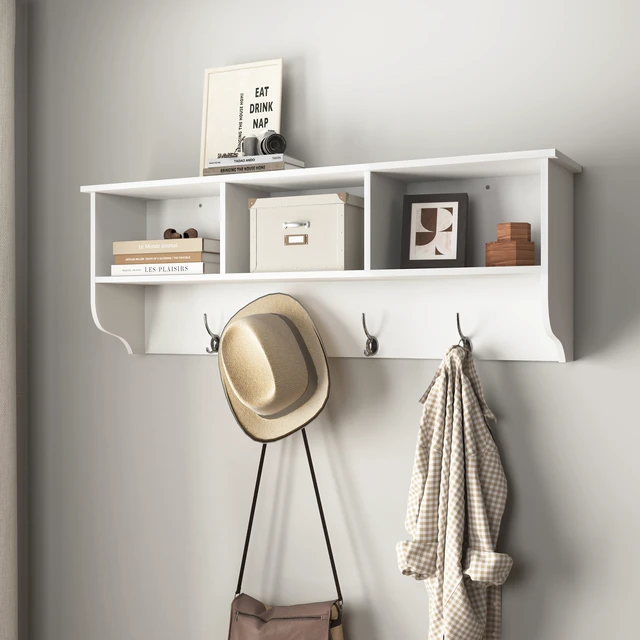 Alt view image 2 of 7 - White Entryway Wall Mounted Coat Rack with 4 Dual Hooks Living Room Wooden Storage Shelf
