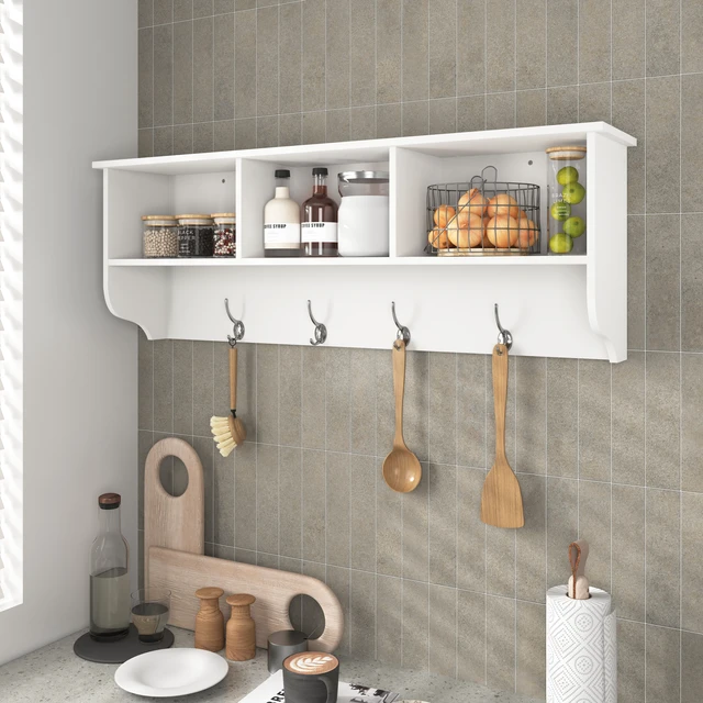 Alt view image 7 of 7 - White Entryway Wall Mounted Coat Rack with 4 Dual Hooks Living Room Wooden Storage Shelf