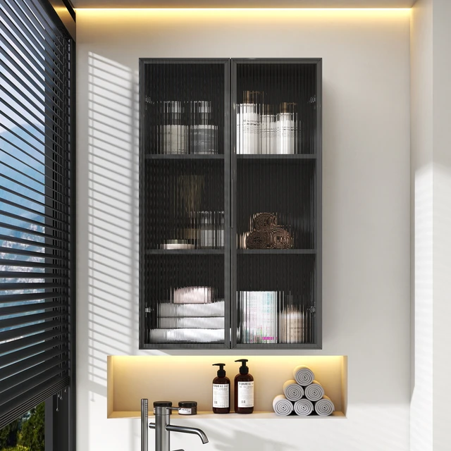 Alt view image 2 of 7 - Wall mounted bathroom kitchen storage cabinet with glass door,Glass kitchen cabinet wall cabinet wall storage cabinet balcony closet bathroom toilet wall storage cabinet