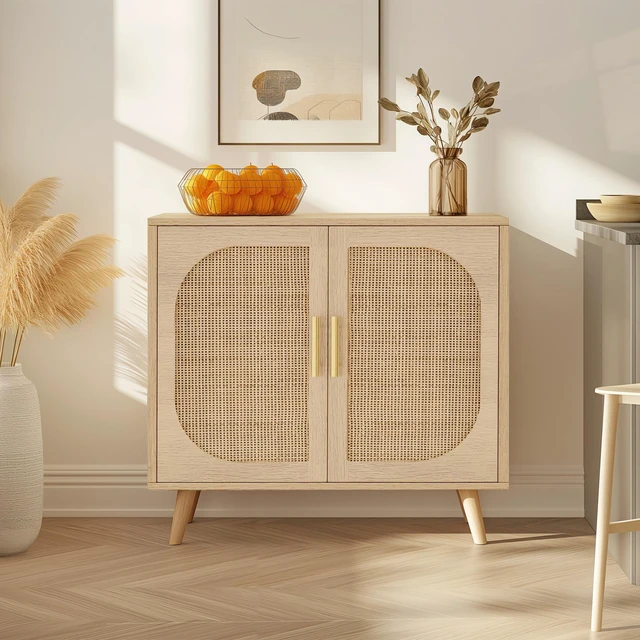 Main image of Buffet Cabinet with Storage, Accent Bathroom Floor Cabinet,with Two Doors and 4 compartments forStorage,Cabinet with Solid Wood Feet,Sideboard Cabinet for Hallway, Entry, Living Room,(Natural Color)