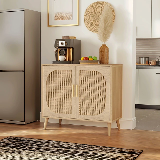 Alt view image 4 of 7 - Buffet Cabinet with Storage, Accent Bathroom Floor Cabinet,with Two Doors and 4 compartments forStorage,Cabinet with Solid Wood Feet,Sideboard Cabinet for Hallway, Entry, Living Room,(Natural Color)