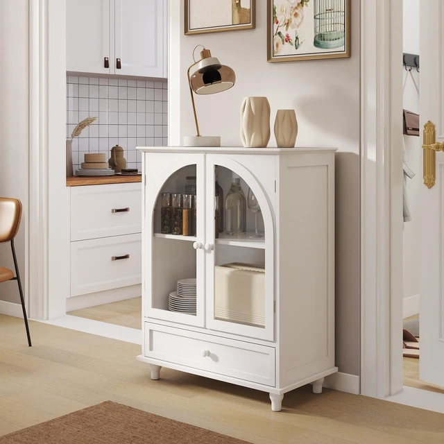 Main image of Arched Glass Door Farmhouse Sideboard, White Storage Cabinet with Tiered Top & 1 Drawer, Buffet Pantry Cabinet for Kitchen Living Room Coffee Bar