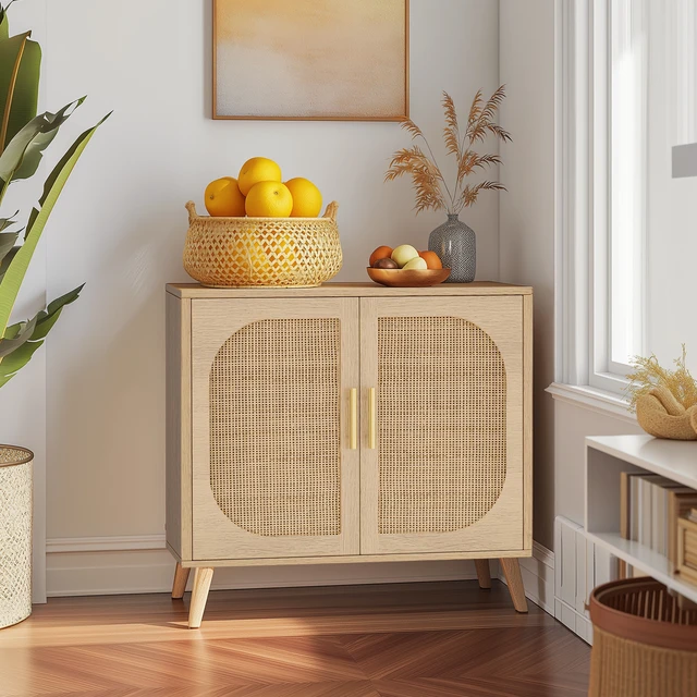 Alt view image 3 of 7 - Buffet Cabinet with Storage, Accent Bathroom Floor Cabinet,with Two Doors and 4 compartments forStorage,Cabinet with Solid Wood Feet,Sideboard Cabinet for Hallway, Entry, Living Room,(Natural Color)