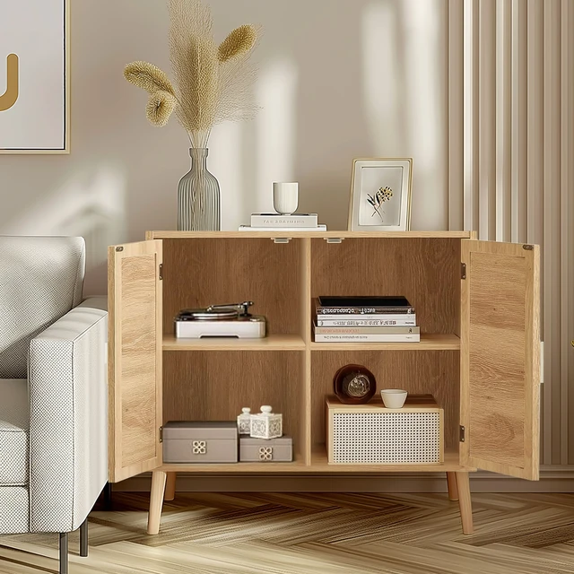 Alt view image 5 of 7 - Buffet Cabinet with Storage, Accent Bathroom Floor Cabinet,with Two Doors and 4 compartments forStorage,Cabinet with Solid Wood Feet,Sideboard Cabinet for Hallway, Entry, Living Room,(Natural Color)