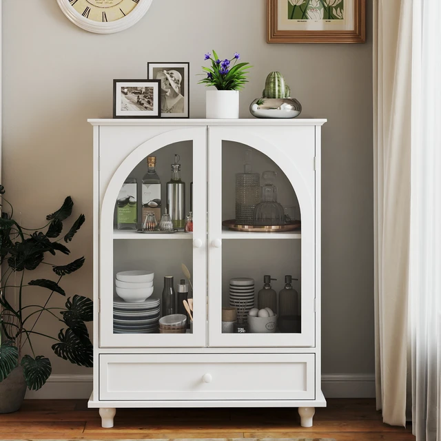 Alt view image 3 of 7 - Arched Glass Door Farmhouse Sideboard, White Storage Cabinet with Tiered Top & 1 Drawer, Buffet Pantry Cabinet for Kitchen Living Room Coffee Bar