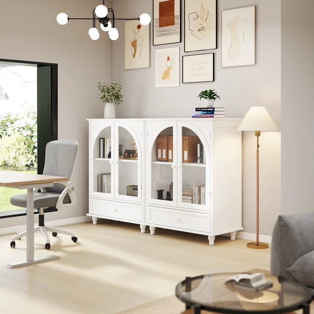 Alt view image 5 of 7 - Arched Glass Door Farmhouse Sideboard, White Storage Cabinet with Tiered Top & 1 Drawer, Buffet Pantry Cabinet for Kitchen Living Room Coffee Bar