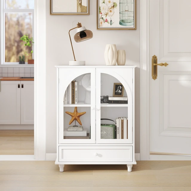 Alt view image 7 of 7 - Arched Glass Door Farmhouse Sideboard, White Storage Cabinet with Tiered Top & 1 Drawer, Buffet Pantry Cabinet for Kitchen Living Room Coffee Bar
