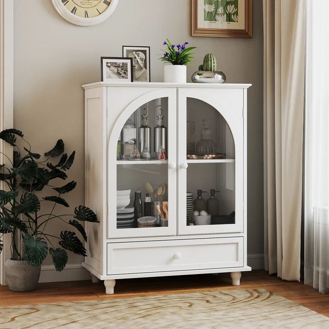Alt view image 6 of 7 - Arched Glass Door Farmhouse Sideboard, White Storage Cabinet with Tiered Top & 1 Drawer, Buffet Pantry Cabinet for Kitchen Living Room Coffee Bar