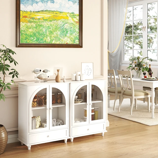 Alt view image 4 of 7 - Arched Glass Door Farmhouse Sideboard, White Storage Cabinet with Tiered Top & 1 Drawer, Buffet Pantry Cabinet for Kitchen Living Room Coffee Bar