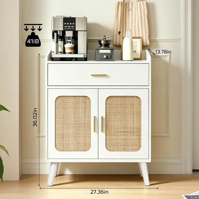 Alt view image 4 of 7 - Kitchen Storage Cabinet, Farmhouse Buffet Cabinet , Storage with 1 Drawers and 2 Doors, Cabinet with Solid Wood Feet,Floor Sideboard Buffet for Living Room, Dining Room, Bathroom,(white Color)