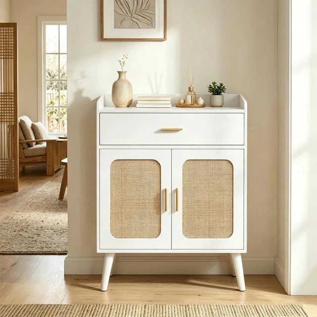 Main image of Kitchen Storage Cabinet, Farmhouse Buffet Cabinet , Storage with 1 Drawers and 2 Doors, Cabinet with Solid Wood Feet,Floor Sideboard Buffet for Living Room, Dining Room, Bathroom,(white Color)