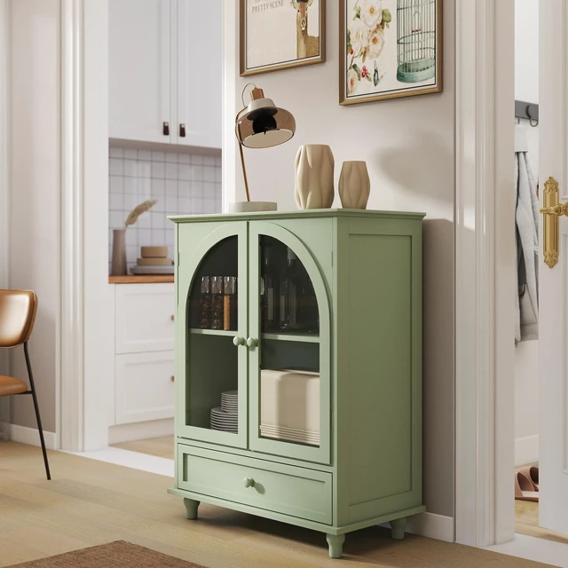 Main image of Farmhouse Sideboard with Double Arched Glass Doors, Green Storage Cabinet with Tiered Top & 1 Drawer for Kitchen, Living Room, Coffee Bar
