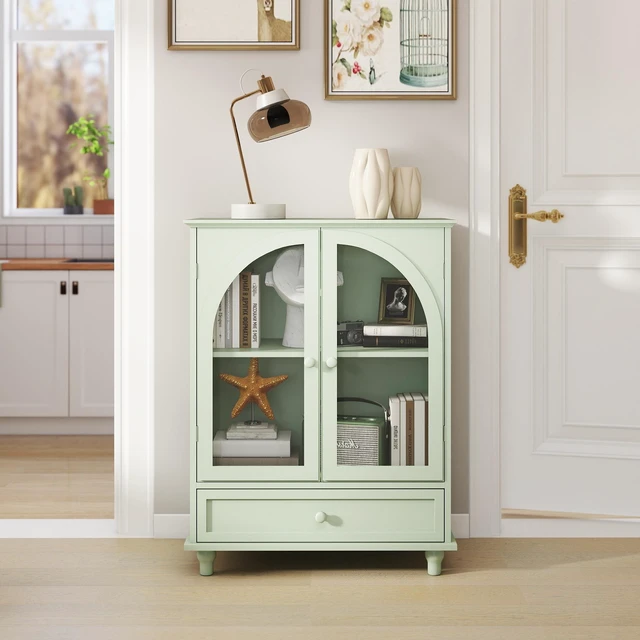 Alt view image 3 of 7 - Farmhouse Sideboard with Double Arched Glass Doors, Green Storage Cabinet with Tiered Top & 1 Drawer for Kitchen, Living Room, Coffee Bar
