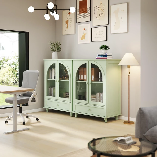 Alt view image 5 of 7 - Farmhouse Sideboard with Double Arched Glass Doors, Green Storage Cabinet with Tiered Top & 1 Drawer for Kitchen, Living Room, Coffee Bar