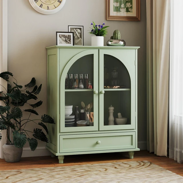 Alt view image 2 of 7 - Farmhouse Sideboard with Double Arched Glass Doors, Green Storage Cabinet with Tiered Top & 1 Drawer for Kitchen, Living Room, Coffee Bar