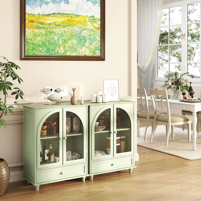 Alt view image 6 of 7 - Farmhouse Sideboard with Double Arched Glass Doors, Green Storage Cabinet with Tiered Top & 1 Drawer for Kitchen, Living Room, Coffee Bar